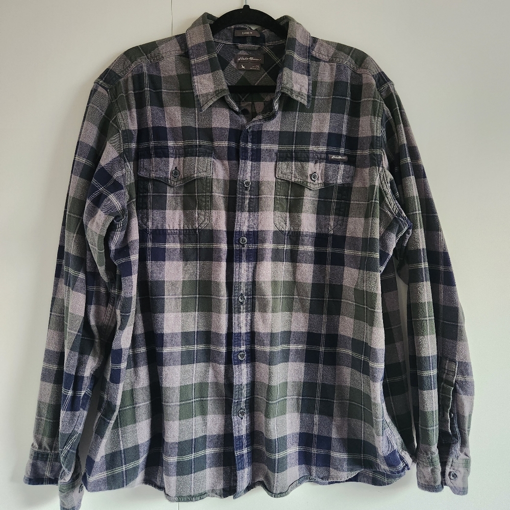 Eddie Bauer Classic Fit Flannel Shirt Plaid Navy/Green 2XL Cotton
